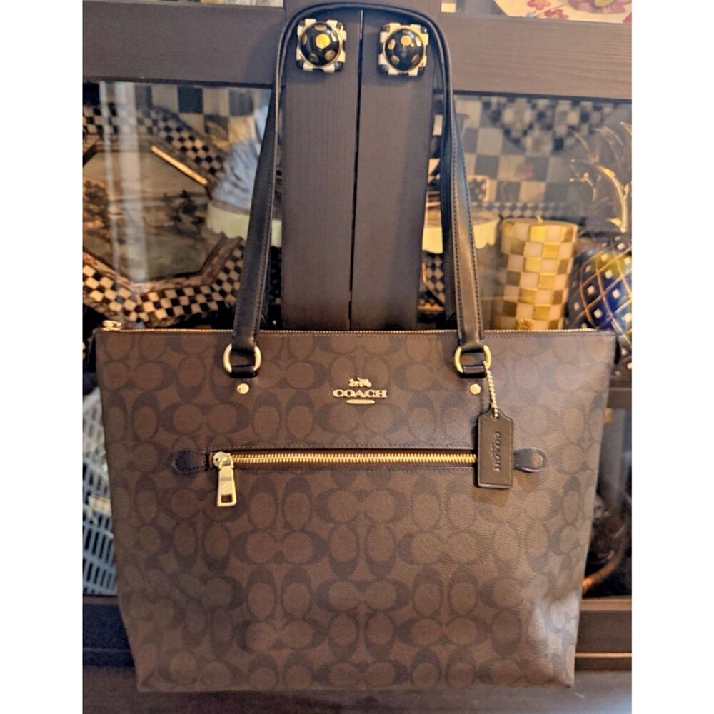 COACH Gallery Tote Bag Signature Canvas Style No F79609 Dark Brown Monogram Gold